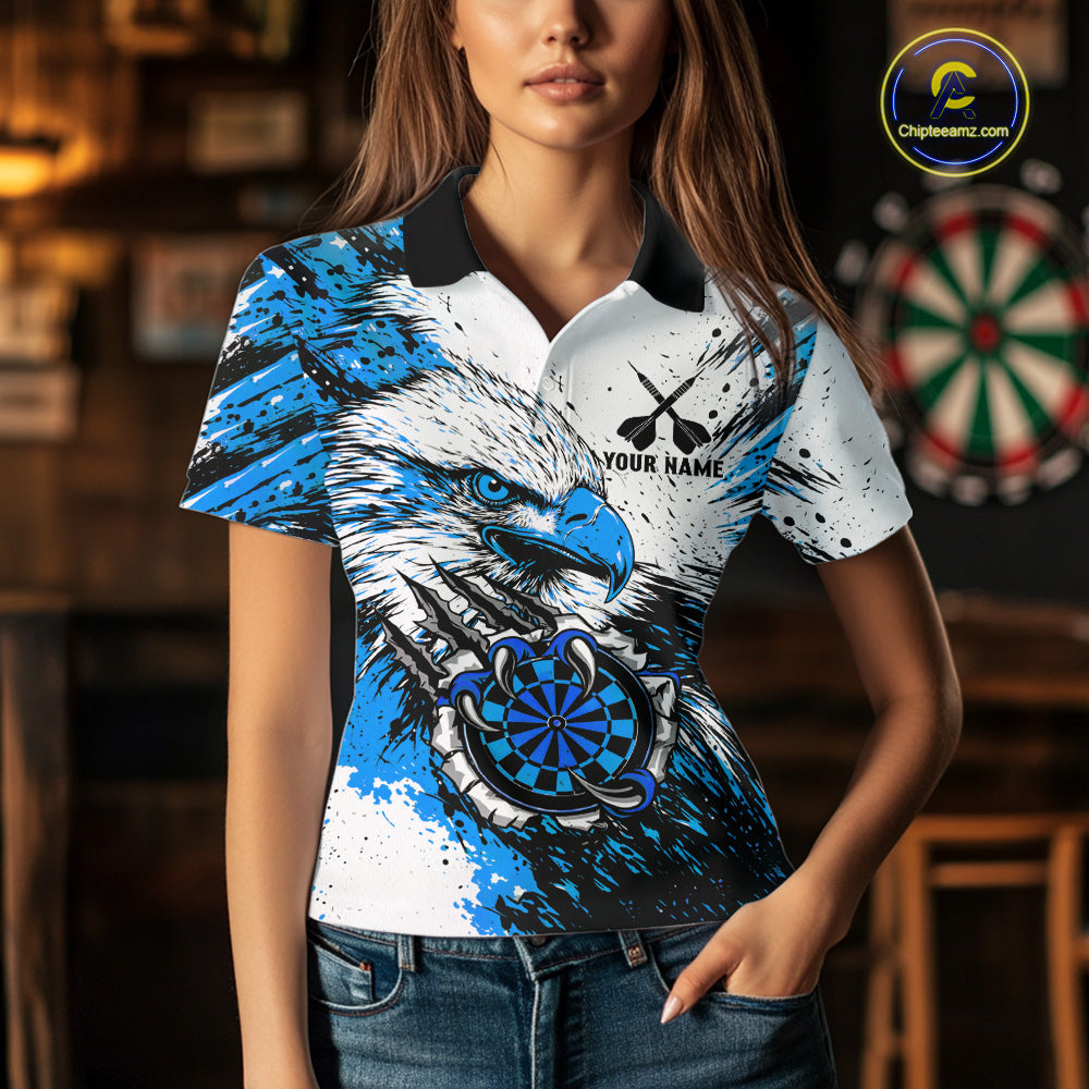 Custom Blue Grunge Eagle Scratch Dartboard Women Darts Polo & 1/4-Zip Shirts Dart Team Jerseys NYN2797