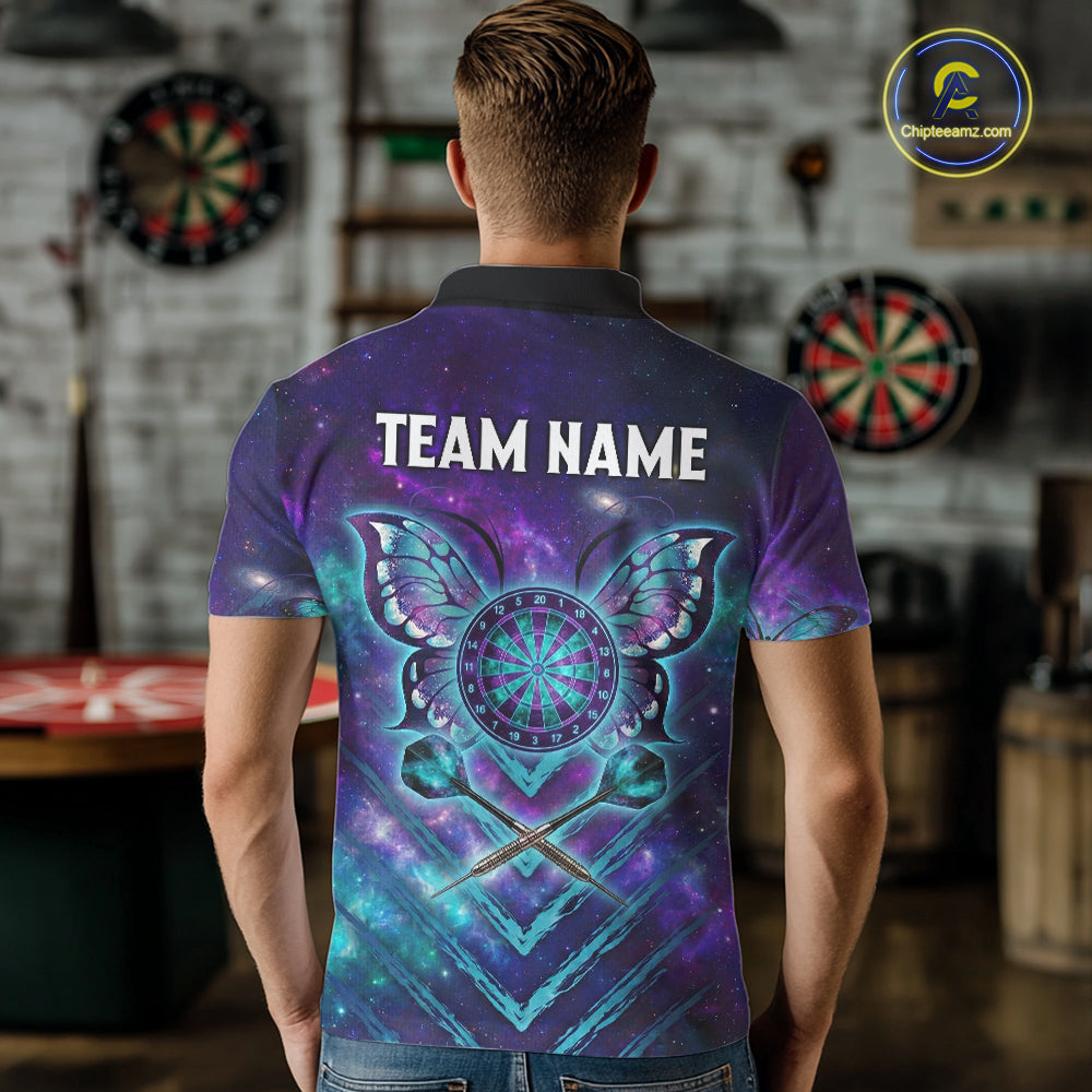 Blue Purple Galaxy Darts Polo & 1/4-Zip Shirt For Men Personalized Butterfly Dart Team Appeal NYN3010