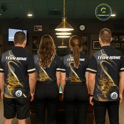 Yellow & Black Fire Flame 8 Ball Pool Billiard Shirt For Men Personalized Billiard Team Attire NYN3427
