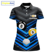 Load image into Gallery viewer, Black Blue 8 Ball &amp; 9 Ball women's billiard tournament polo shirt, custom pool jersey, cue sports apparel, league uniform, championship team clothing