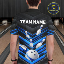 Load image into Gallery viewer, Male model wearing Black and Blue custom bowling polo, professional bowling tournament jersey, USBC league apparel, bowling club uniform, personalized team shirt, athletic performance clothing, champion-inspired sportswear