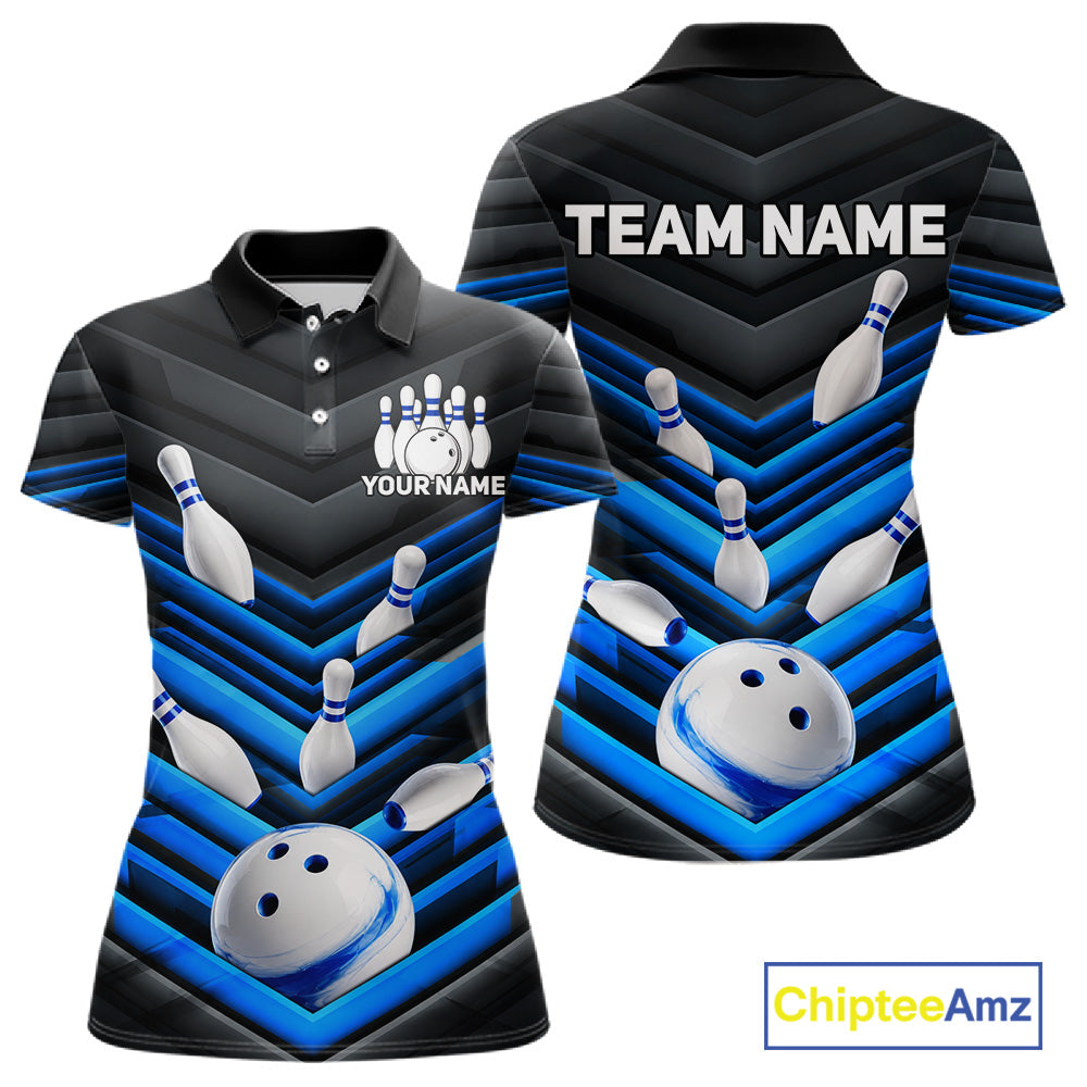 Black and Blue women's bowling polo shirt featuring modern bowling ball graphics, custom bowling team jersey, personalized league uniform, moisture-wicking performance apparel, USBC tournament shirt, championship bowling outfit, athletic team polo, strike game apparel
