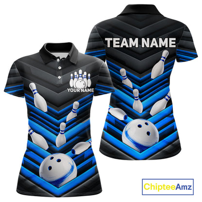 Black and Blue women's bowling polo shirt featuring modern bowling ball graphics, custom bowling team jersey, personalized league uniform, moisture-wicking performance apparel, USBC tournament shirt, championship bowling outfit, athletic team polo, strike game apparel