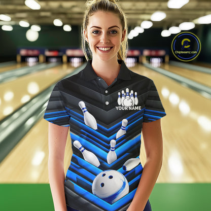 Female model wearing Black and Blue bowling polo jersey, custom women's bowling league shirt, personalized tournament apparel, moisture-wicking athletic uniform, competitive bowling outfit, strike team clothing