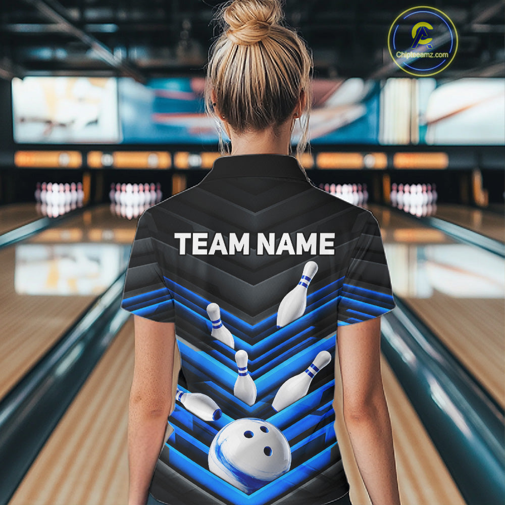 Female model wearing Black and Blue bowling polo jersey, custom women's bowling league shirt, personalized tournament apparel, moisture-wicking athletic uniform, competitive bowling outfit, strike team clothing