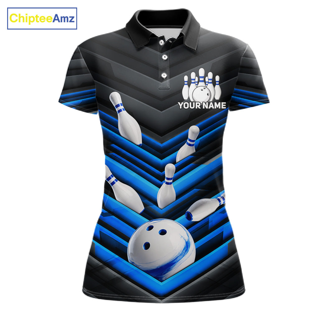 Black and Blue women's bowling polo shirt featuring modern bowling ball graphics, custom bowling team jersey, personalized league uniform, moisture-wicking performance apparel, USBC tournament shirt, championship bowling outfit, athletic team polo, strike game apparel