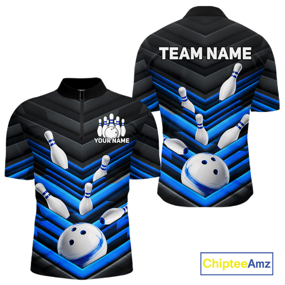 Black and Blue men's quarter-zip bowling shirt with premium bowling graphics, personalized bowling team jersey, custom tournament apparel, bowling league uniform, athletic performance wear, championship-ready bowling polo
