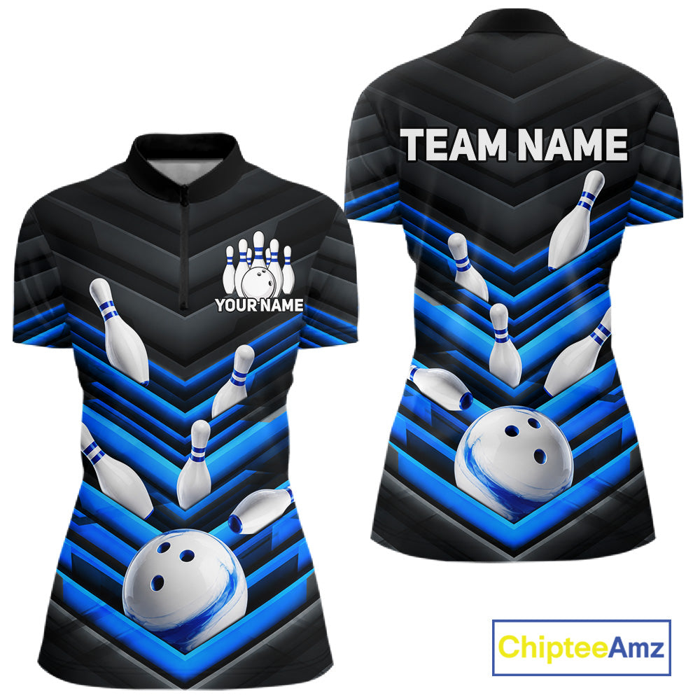 Black and Blue women's quarter-zip bowling jersey featuring dynamic bowling ball artwork, custom bowling tournament shirt, league apparel, performance athletic top, personalized bowling team uniform, competitive sports polo, victory-inspired design