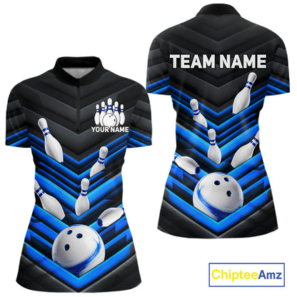 Black and Blue women's quarter-zip bowling jersey featuring dynamic bowling ball artwork, custom bowling tournament shirt, league apparel, performance athletic top, personalized bowling team uniform, competitive sports polo, victory-inspired design