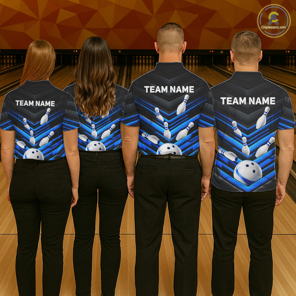 Men's and women's matching Black and Blue bowling team jerseys, custom league uniforms, tournament bowling apparel, championship team shirts, bowling club outfit, family bowling event apparel, corporate bowling team uniforms