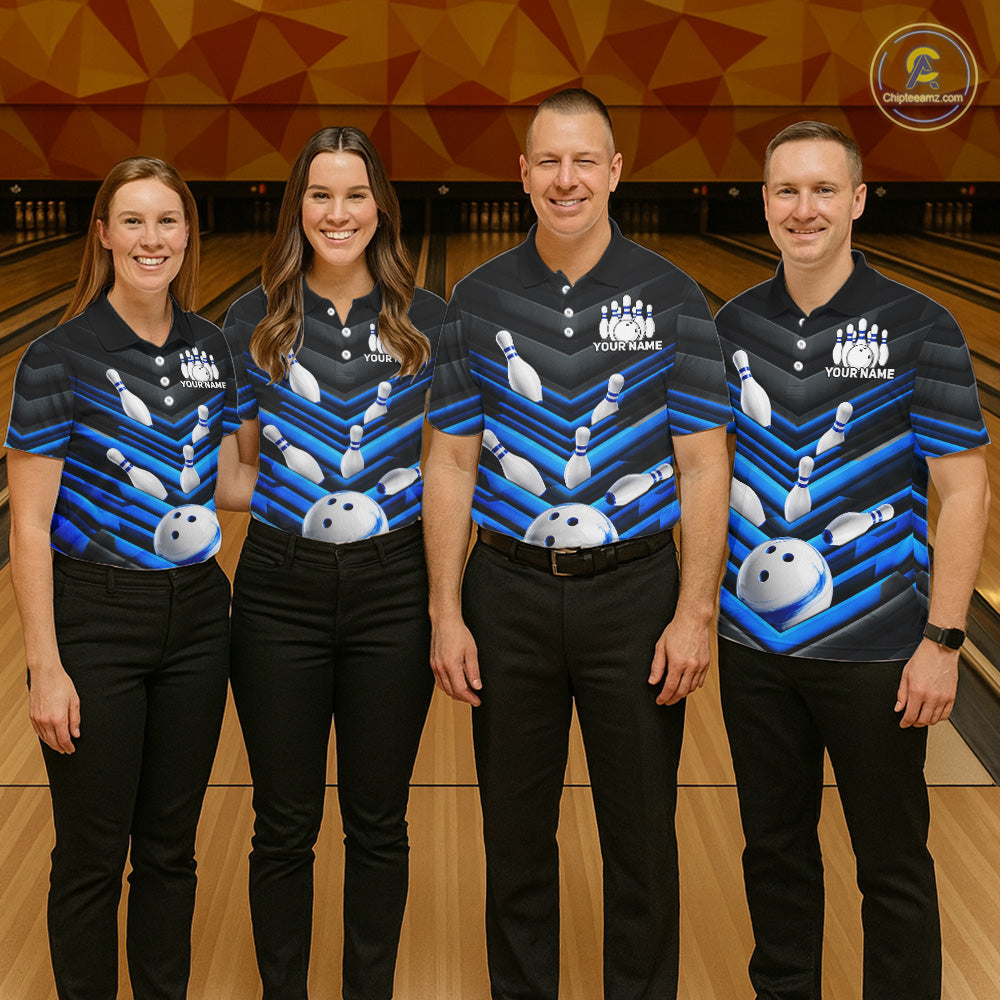 Men's and women's matching Black and Blue bowling team jerseys, custom league uniforms, tournament bowling apparel, championship team shirts, bowling club outfit, family bowling event apparel, corporate bowling team uniforms