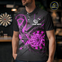 Load image into Gallery viewer, Male model wearing Pink Ribbon darts polo supporting Breast Cancer Awareness, custom charity tournament jersey, personalized darts league apparel, community fundraising uniform