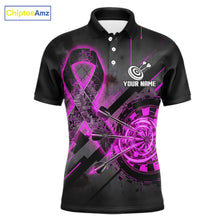 Load image into Gallery viewer, Lightning Pink Ribbon men's darts polo with dartboard and pink ribbon graphics, custom awareness darts jersey, charity league apparel, tournament team shirt, personalized performance uniform