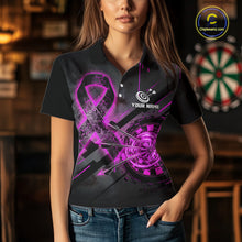 Load image into Gallery viewer, Female model wearing Lightning Pink Ribbon darts polo, custom awareness dart jersey, Breast Cancer fundraising apparel, personalized league tournament clothing, supportive athletic performance wear