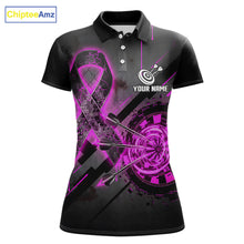 Load image into Gallery viewer, Lightning Pink Ribbon women's darts polo featuring dartboard artwork, Breast Cancer Awareness ribbon, custom darts team jersey, charity tournament apparel, inspirational league uniform, personalized awareness sports shirt