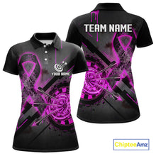 Load image into Gallery viewer, Lightning Pink Ribbon women's darts polo featuring dartboard artwork, Breast Cancer Awareness ribbon, custom darts team jersey, charity tournament apparel, inspirational league uniform, personalized awareness sports shirt