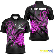 Load image into Gallery viewer, Lightning Pink Ribbon men's darts polo with dartboard and pink ribbon graphics, custom awareness darts jersey, charity league apparel, tournament team shirt, personalized performance uniform