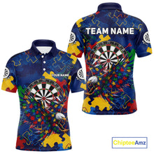 Load image into Gallery viewer, Personalized Eagle Puzzle Pieces men's darts polo with custom name, dartboard graphics, awareness tournament apparel, premium league jersey