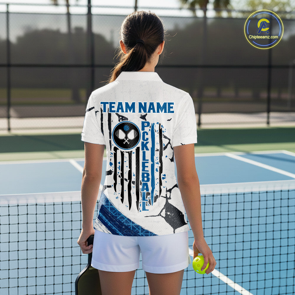 Custom White Grunge Blue Patriotic Pickleball League Jerseys Women US Flag Pickleball Shirts NYN2153