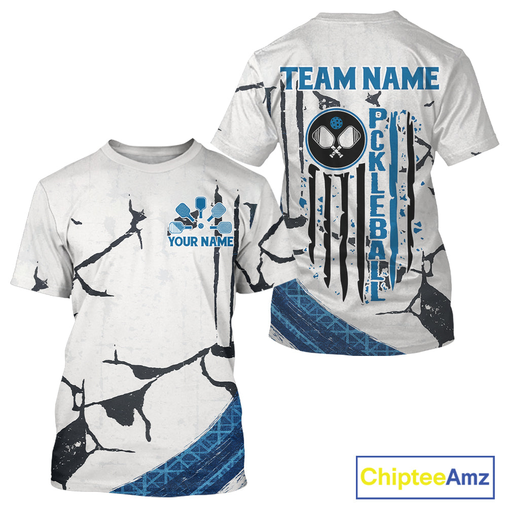 Custom White Grunge Blue Patriotic Pickleball League Jerseys Men US Flag Pickleball Shirts NYN2153