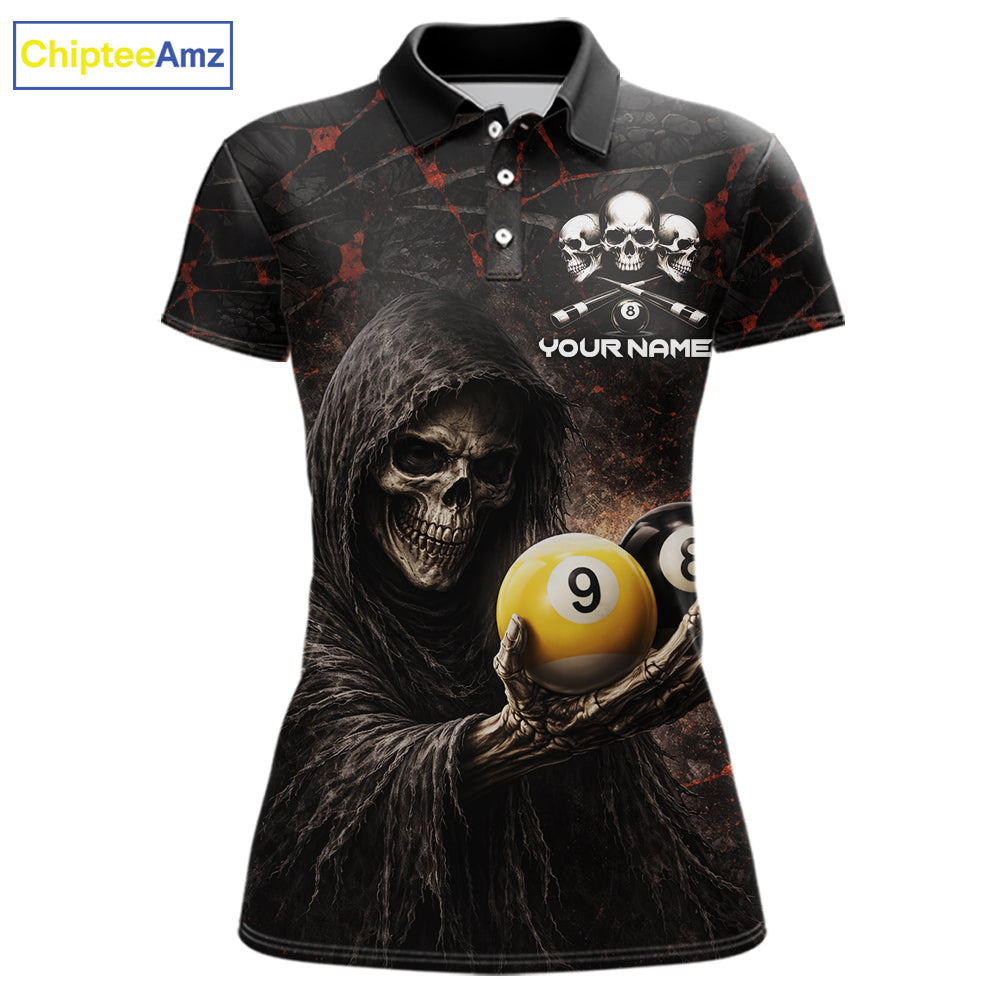 Red Grunge Grim Reaper Hold 8 Ball & 9 Ball Pool Women Billiard Shirt Custom Billiard Team Attire NYN2639