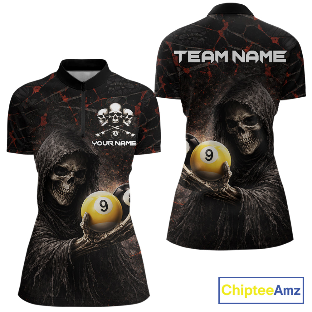 Red Grunge Grim Reaper Hold 8 Ball & 9 Ball Pool Women Billiard Shirt Custom Billiard Team Attire NYN2639