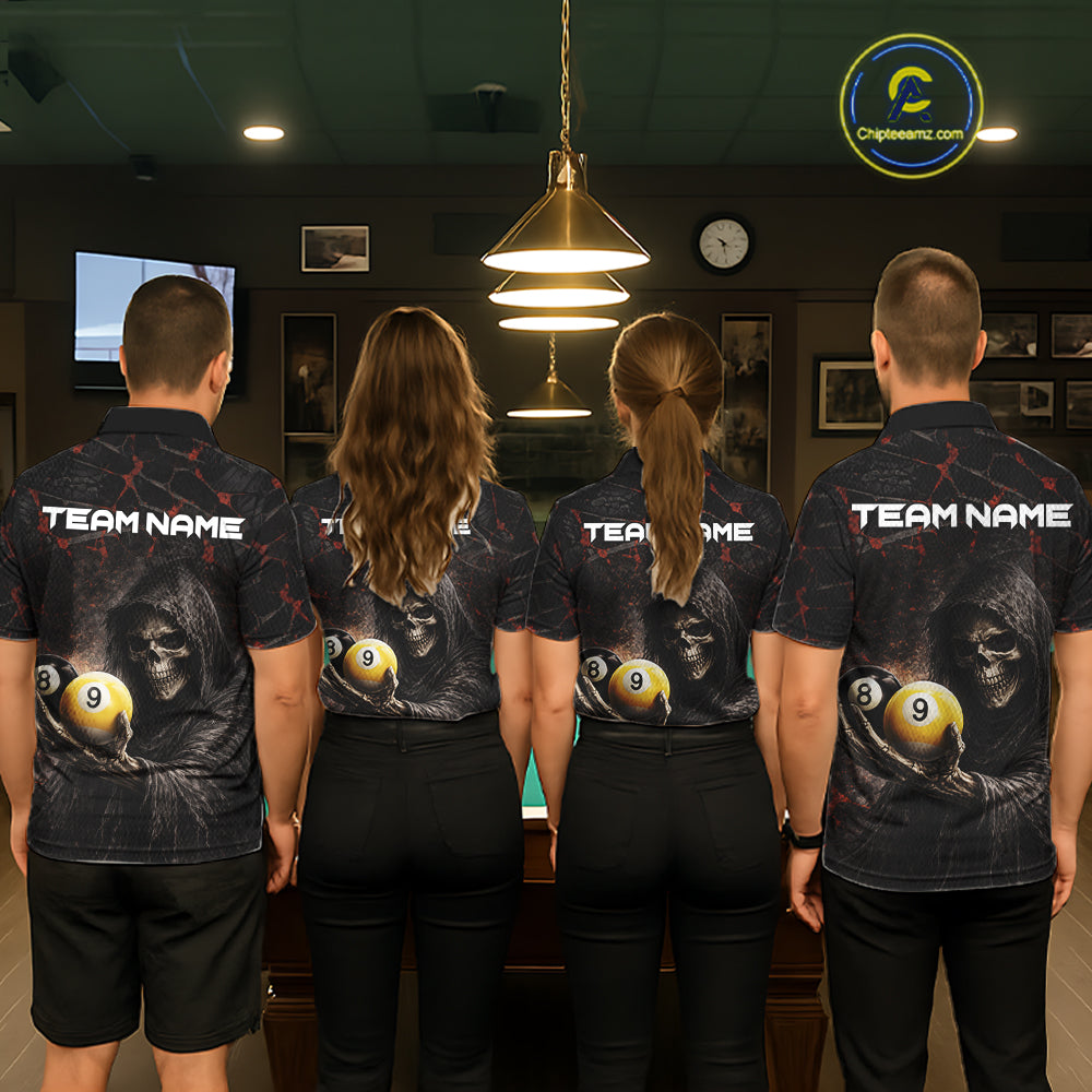 Red Grunge Grim Reaper Hold 8 Ball & 9 Ball Pool Women Billiard Shirt Custom Billiard Team Attire NYN2639