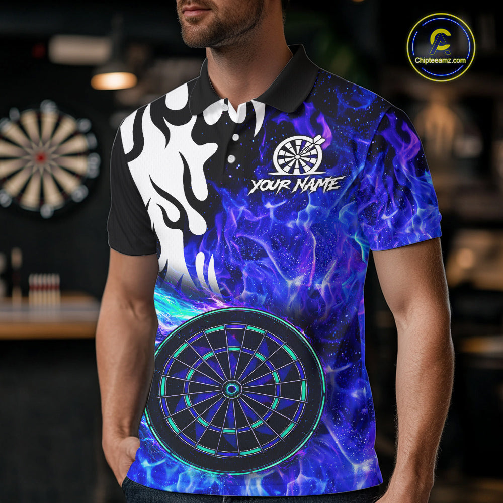 Custom Blue Flaming Dartboard Darts Polo & 1/4-Zip Shirts For Men Fire Dart Team Jerseys NYN2804