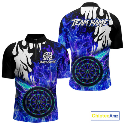 Custom Blue Flaming Dartboard Darts Polo & 1/4-Zip Shirts For Men Fire Dart Team Jerseys NYN2804
