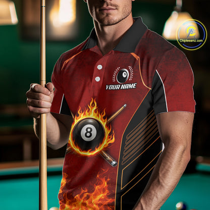 Red Billiard 8 Ball Cue Shirts For Men Custom Fire Flame Pool Team Billiard Polo & 1/4 Zip Jerseys NYN3016