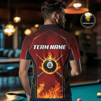 Red Billiard 8 Ball Cue Shirts For Men Custom Fire Flame Pool Team Billiard Polo & 1/4 Zip Jerseys NYN3016