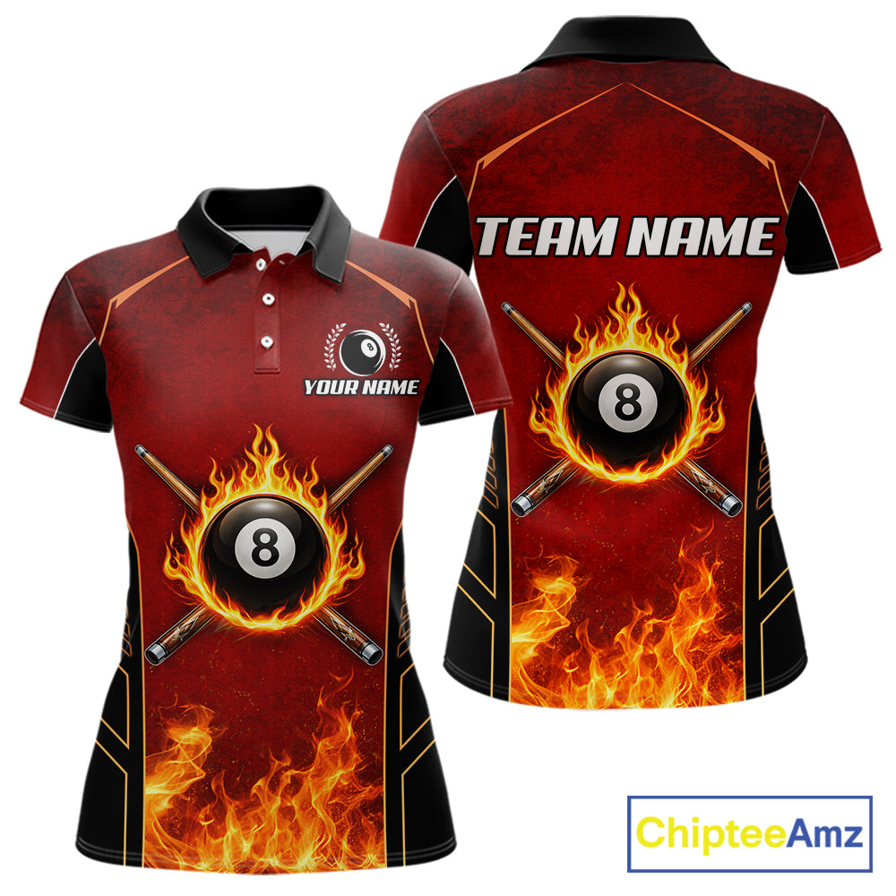 Red Billiard 8 Ball Cue Shirts For Women Custom Fire Flame Pool Team Billiard Polo & 1/4 Zip Jerseys NYN3016
