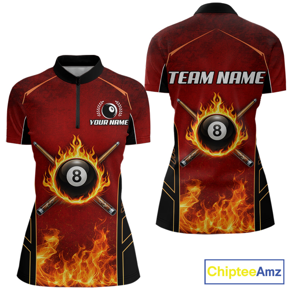 Red Billiard 8 Ball Cue Shirts For Women Custom Fire Flame Pool Team Billiard Polo & 1/4 Zip Jerseys NYN3016