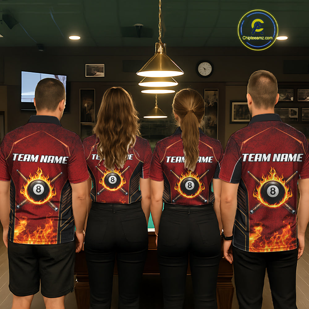 Red Billiard 8 Ball Cue Shirts For Men Custom Fire Flame Pool Team Billiard Polo & 1/4 Zip Jerseys NYN3016