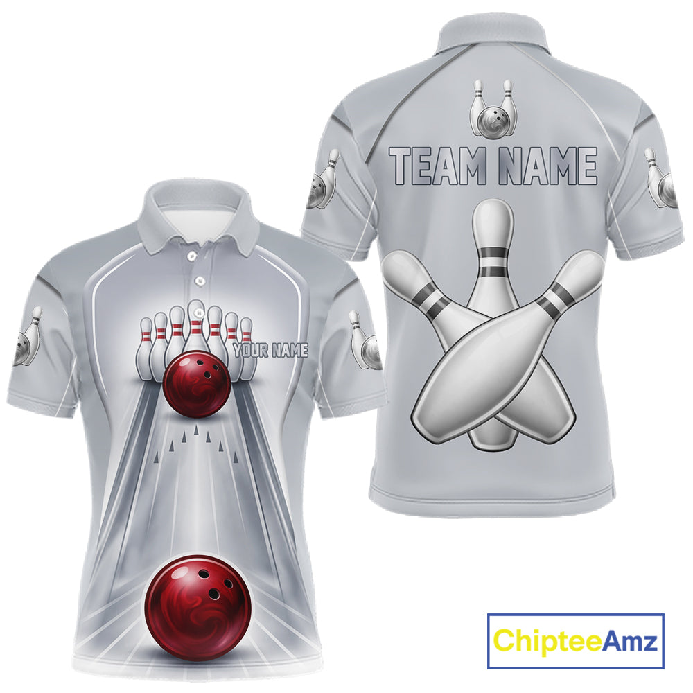 Silver And Red Bowling Custom Bowling Polo & Quarter Zip Team Shirts, Men Bowling Outfit Jersey NYN3021