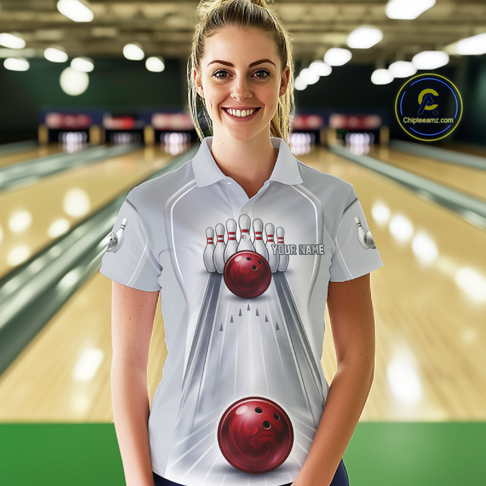 Silver And Red Bowling Custom Bowling Polo & Quarter Zip Team Shirts, Women Bowling Outfit Jersey NYN3021