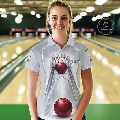 Silver And Red Bowling Custom Bowling Polo & Quarter Zip Team Shirts, Women Bowling Outfit Jersey NYN3021