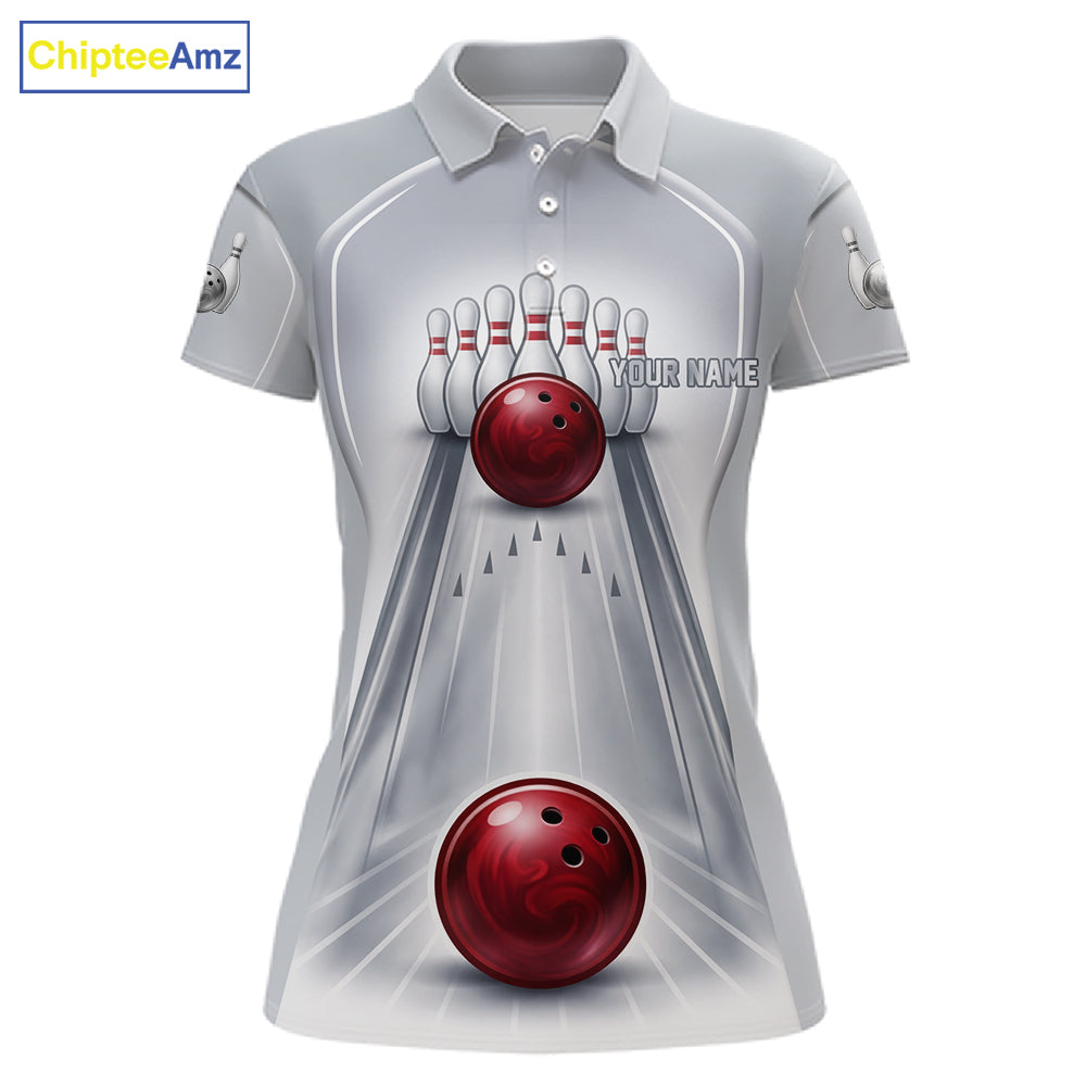 Silver And Red Bowling Custom Bowling Polo & Quarter Zip Team Shirts, Women Bowling Outfit Jersey NYN3021