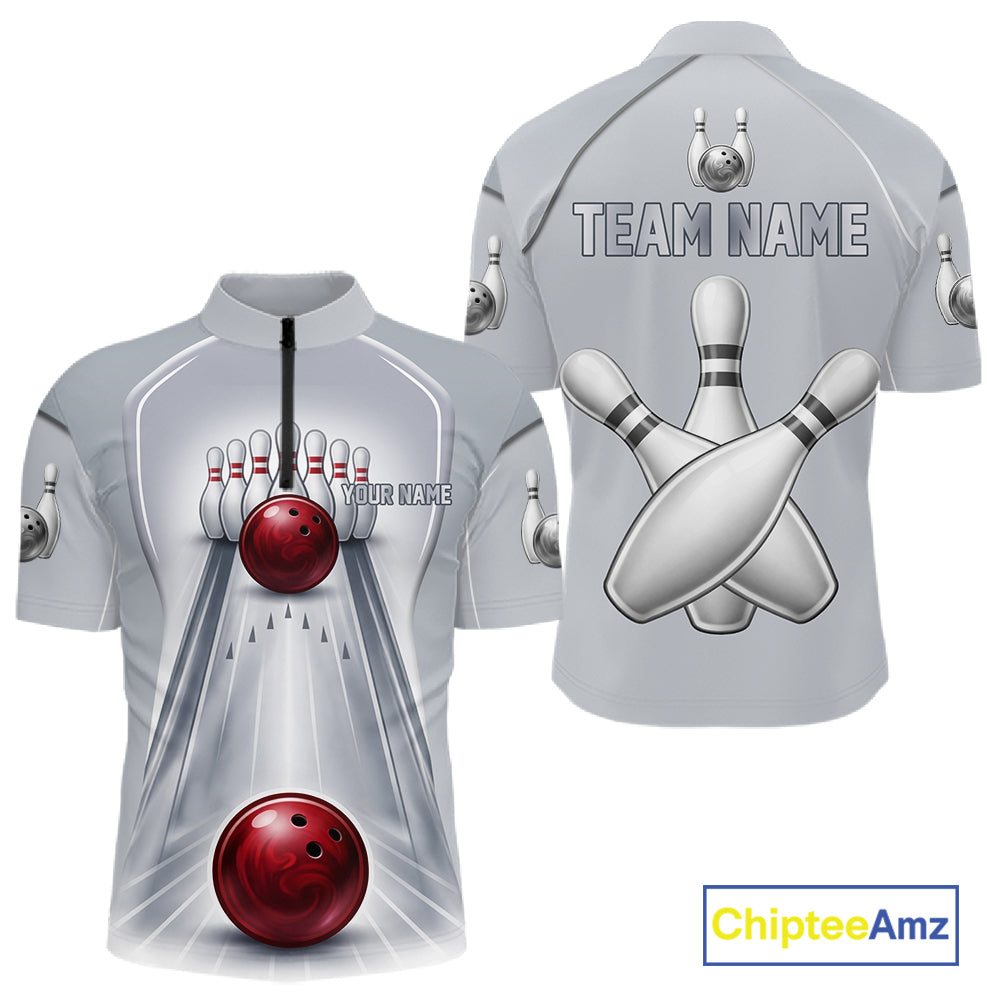 Silver And Red Bowling Custom Bowling Polo & Quarter Zip Team Shirts, Men Bowling Outfit Jersey NYN3021