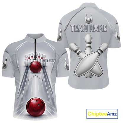Silver And Red Bowling Custom Bowling Polo & Quarter Zip Team Shirts, Men Bowling Outfit Jersey NYN3021