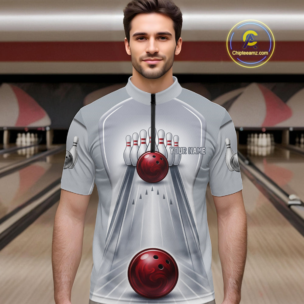 Silver And Red Bowling Custom Bowling Polo & Quarter Zip Team Shirts, Men Bowling Outfit Jersey NYN3021