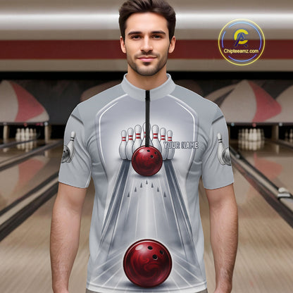 Silver And Red Bowling Custom Bowling Polo & Quarter Zip Team Shirts, Men Bowling Outfit Jersey NYN3021