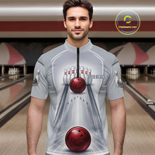 Load image into Gallery viewer, Silver And Red Bowling Custom Bowling Polo &amp; Quarter Zip Team Shirts, Men Bowling Outfit Jersey NYN3021