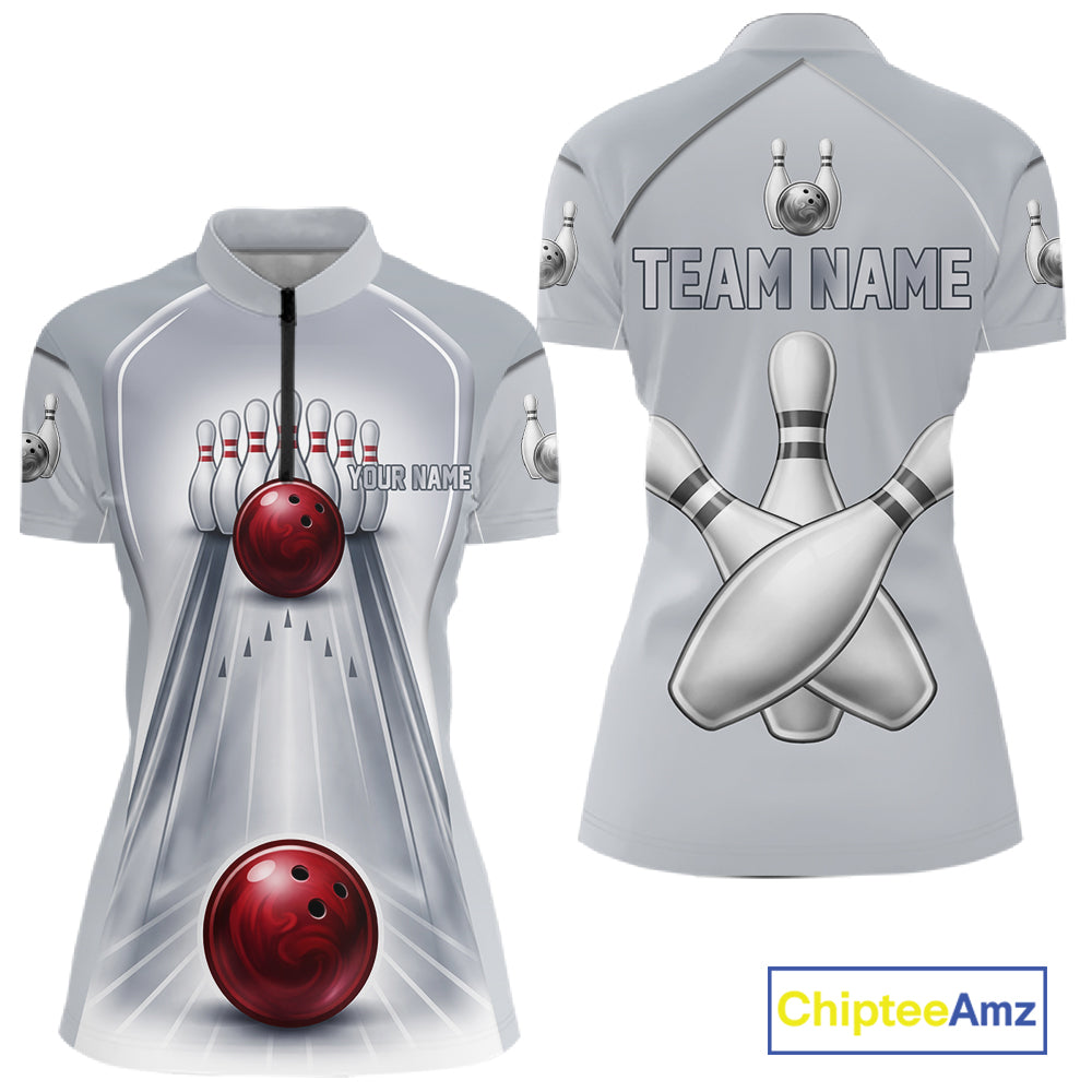 Silver And Red Bowling Custom Bowling Polo & Quarter Zip Team Shirts, Women Bowling Outfit Jersey NYN3021
