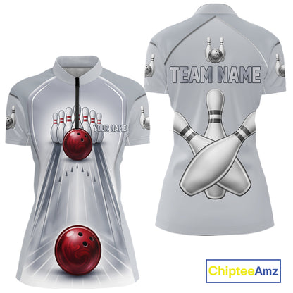 Silver And Red Bowling Custom Bowling Polo & Quarter Zip Team Shirts, Women Bowling Outfit Jersey NYN3021