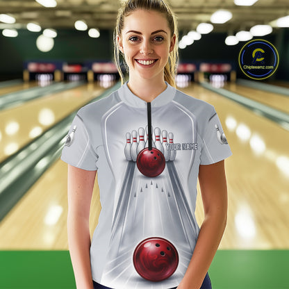 Silver And Red Bowling Custom Bowling Polo & Quarter Zip Team Shirts, Women Bowling Outfit Jersey NYN3021