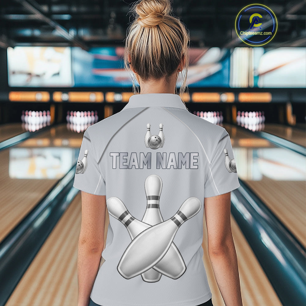 Silver And Red Bowling Custom Bowling Polo & Quarter Zip Team Shirts, Women Bowling Outfit Jersey NYN3021