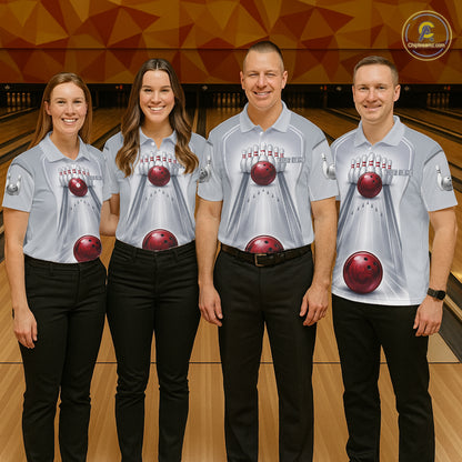 Silver And Red Bowling Custom Bowling Polo & Quarter Zip Team Shirts, Men Bowling Outfit Jersey NYN3021