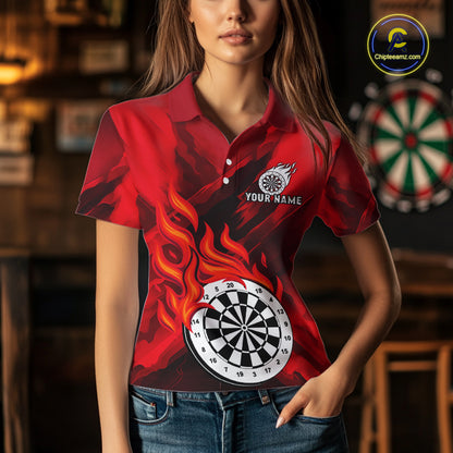 Custom Red Flaming White Dartboard Dart Polo Shirt For Women Outfits Dart Jerseys NYN1609