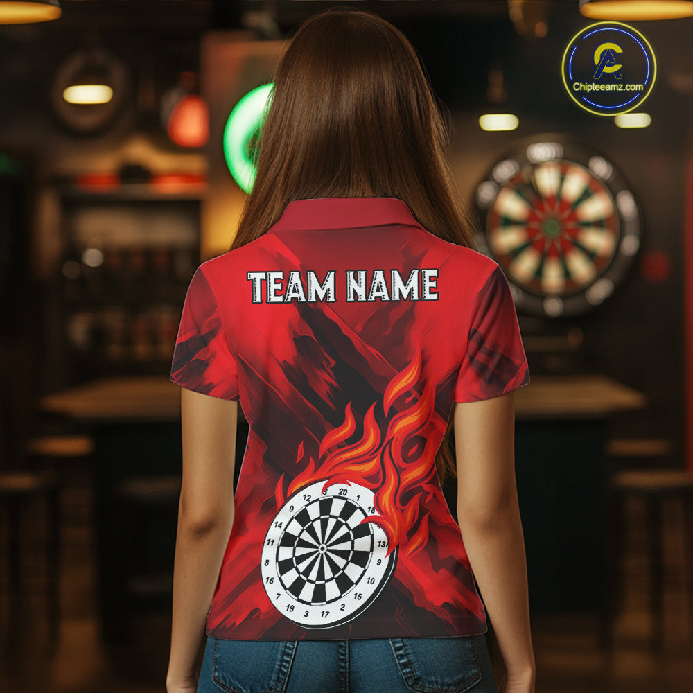 Custom Red Flaming White Dartboard Dart Polo Shirt For Women Outfits Dart Jerseys NYN1609